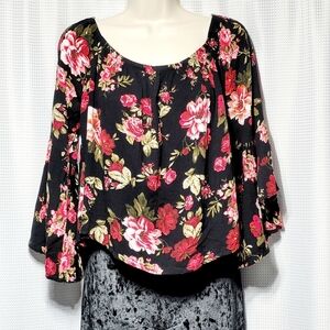Ambiance Black & Rose Print Flowy Off Shoulder Flare Sleeve Crop Top Women's (L)